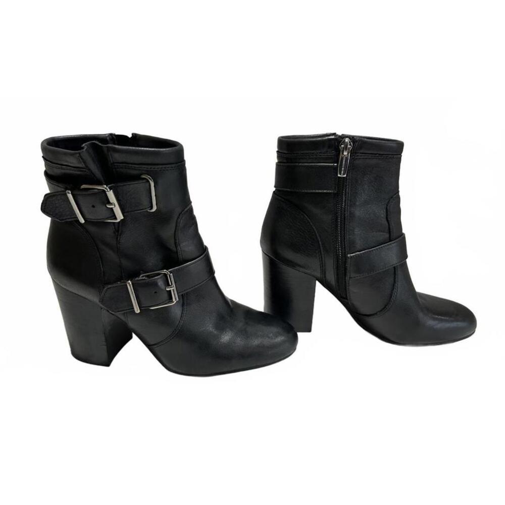 Vince Camuto Simlee Black Leather Ankle Boots w Buckle Straps & Block Heels Sz 8